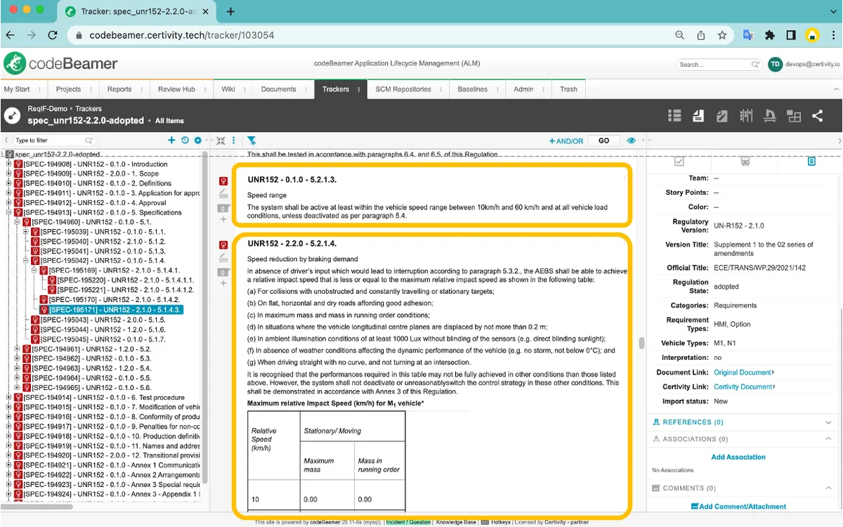 codeBeamer ALM showing Certivity export and delta updates