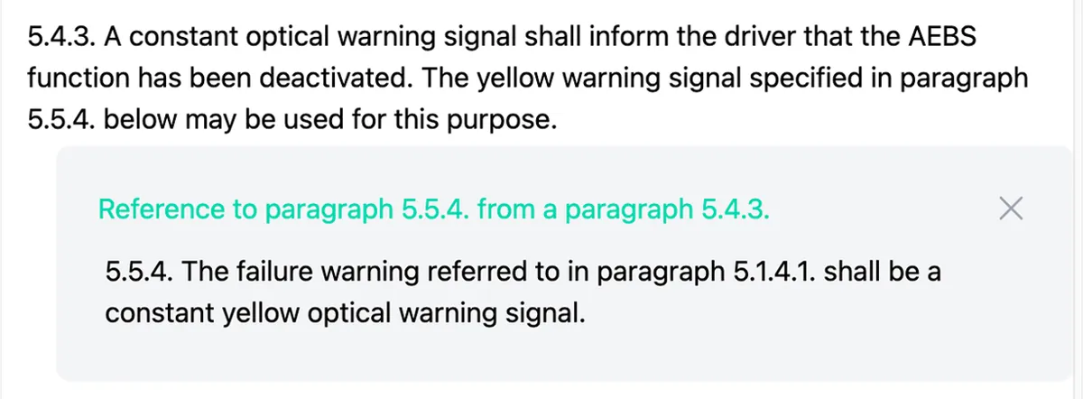 Internal references between sections within a regulation, showing a reference callout to another paragraph