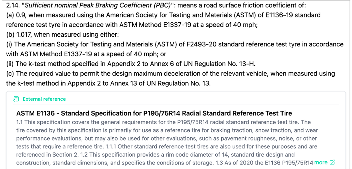 External reference to a standard or regulation, with document details and link