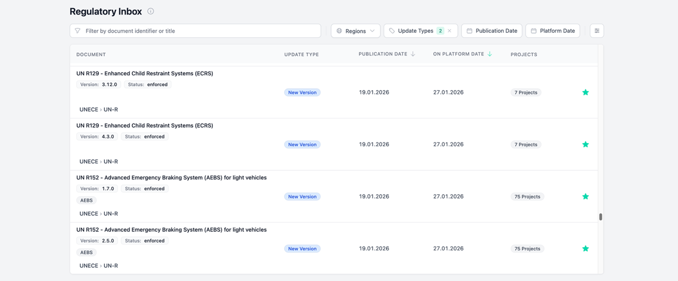 Regulatory Inbox interface showing document list, update types, and project impact